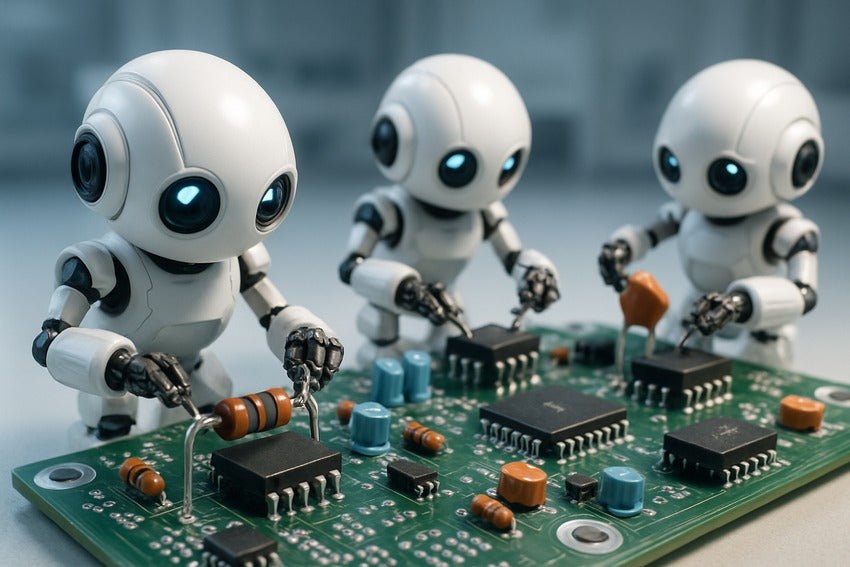 Robots assembling components on a PCB